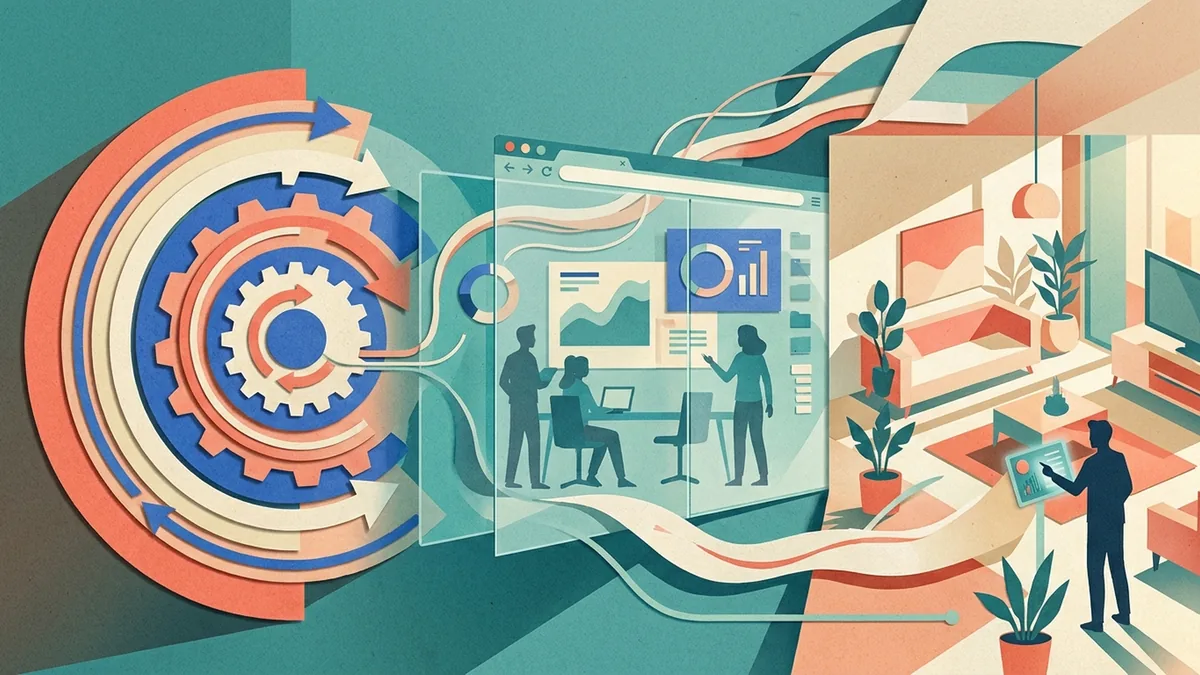 Editorial illustration of atomic updates connecting browser collaboration and smart-home controls