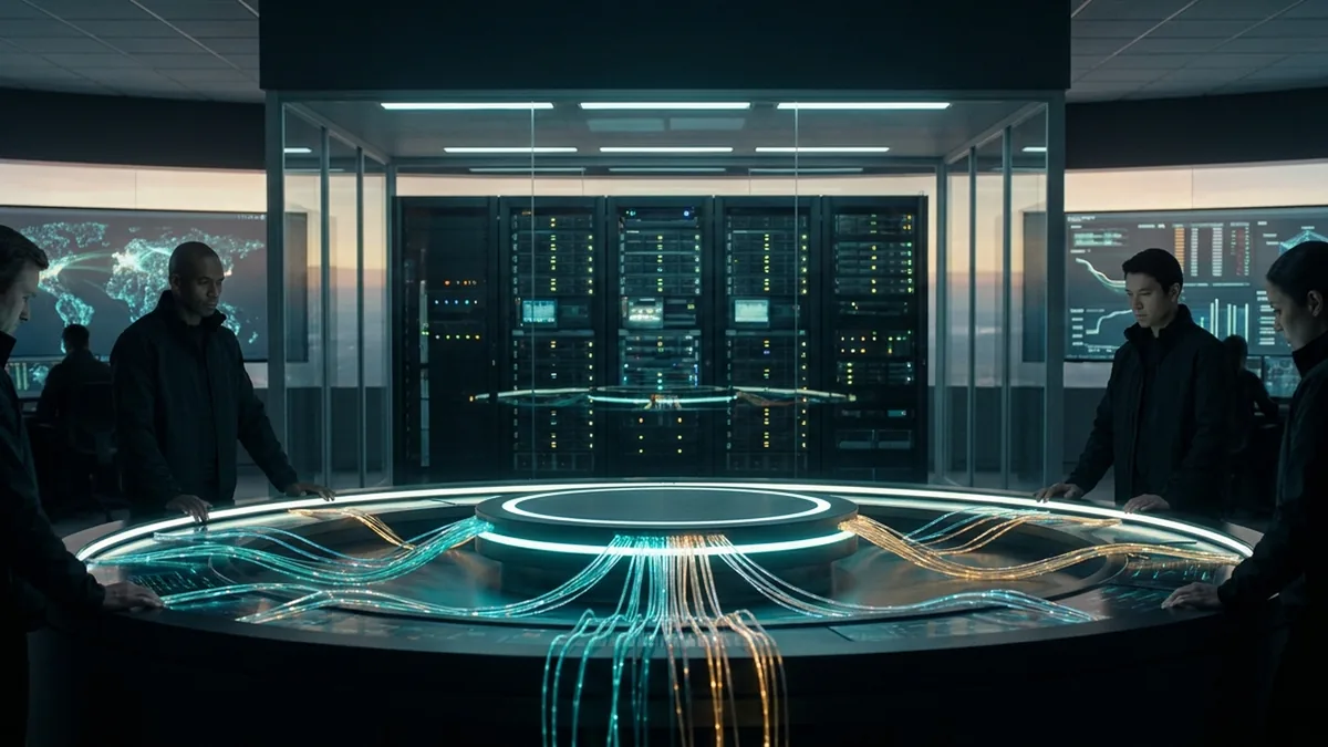 Distinct agent reply paths converge through a secure update bridge under a night skyline