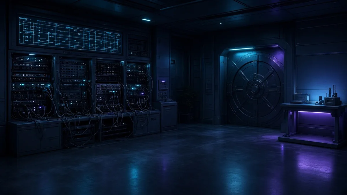 A quiet nighttime control room where a gateway signal board stabilizes after sleep recovery while a sealed vault door closes on an owner-authority corridor and a lighter test bench lands nearby