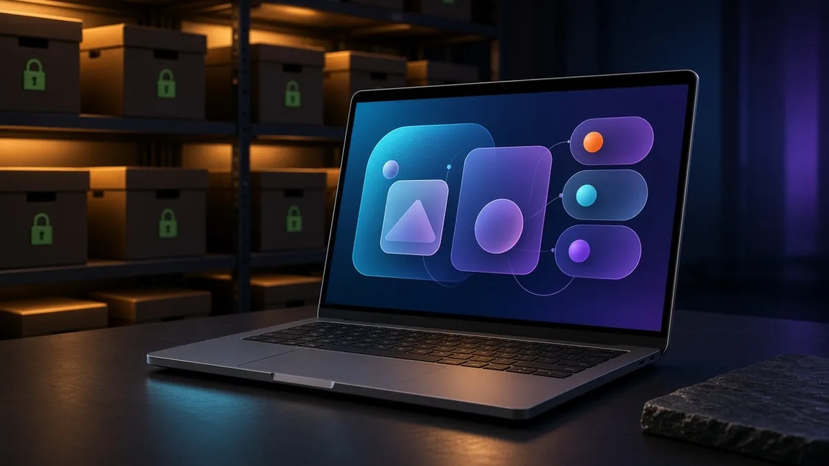 A slim laptop on a desk in a deep blue room, its screen showing a guided setup panel, while a row of sealed archive drawers labeled only by soft light marks long-patched security fixes
