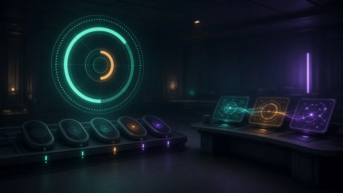 A dark operations room where a glowing maintenance gauge with a bounded timer ring watches over paused update capsules, while a side table links several distinct agent workstations into one team