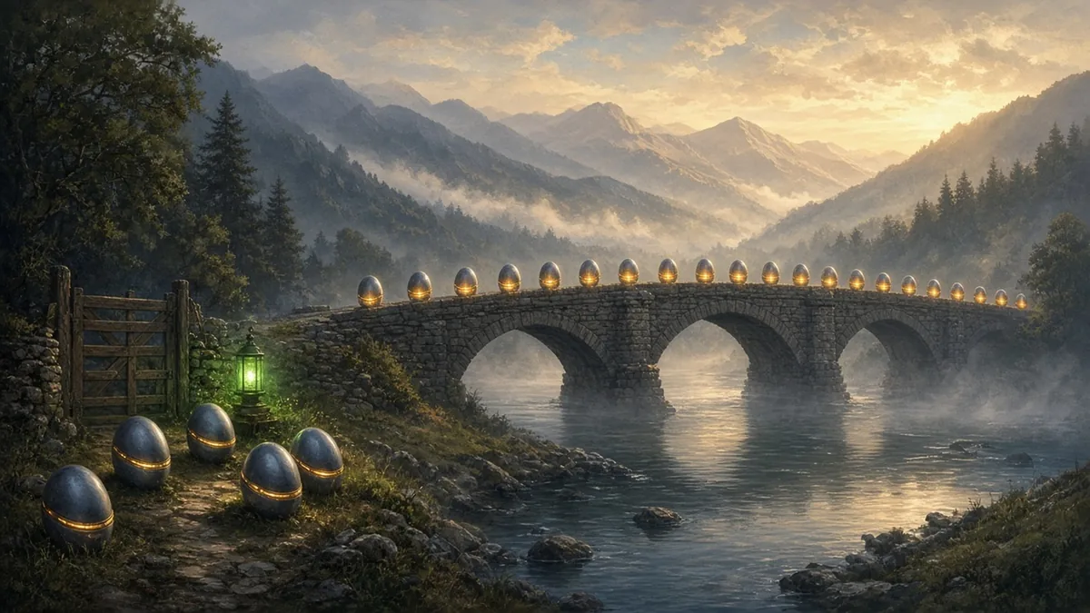 A misty mountain valley at sunrise where a stable stone bridge carries a line of glowing update capsules across a river, while a few capsules are still waiting at a closed gate beside a green lantern