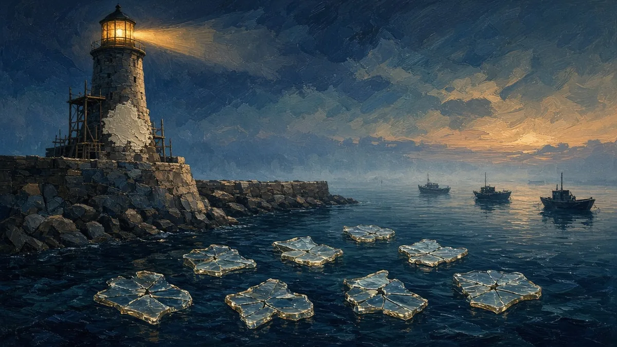 A painterly harbor at first light where an old stone lighthouse is patched with fresh mortar and a steady warm beam while cracked glass seals drift away on a dark tide past a repaired breakwater