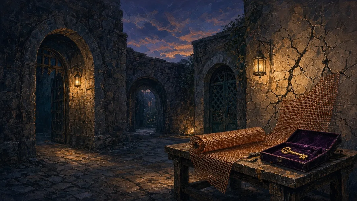 A painterly dusk courtyard between two stone gateways where a workbench prepares a copper mesh patch and a glowing brass key is lifted from a lock into a velvet tray