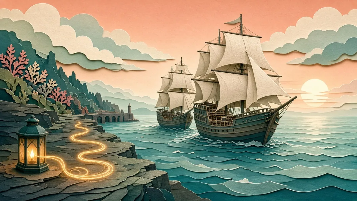 A layered paper-cut illustration of two sailing ships leaving a calm harbor at dawn while a glowing thread of light loops back into a lantern on the quay