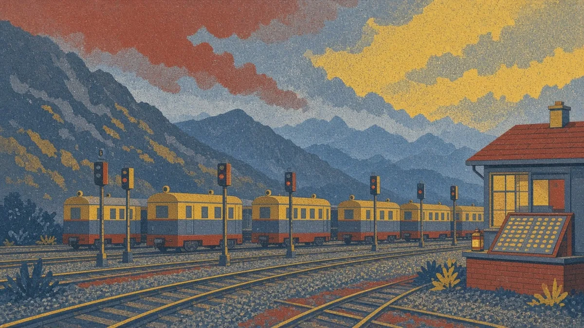 A flat risograph-style illustration of small trains waiting calmly at signal lamps in a mountain railway yard after rain storms, beside a signal house checking brass access passes