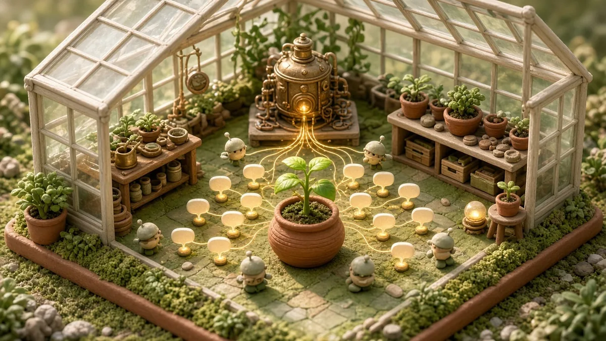 An isometric clay-diorama illustration of a sunlit greenhouse workshop where glowing speech-bubble seedlings grow around a new terracotta planter tended by small helper drones