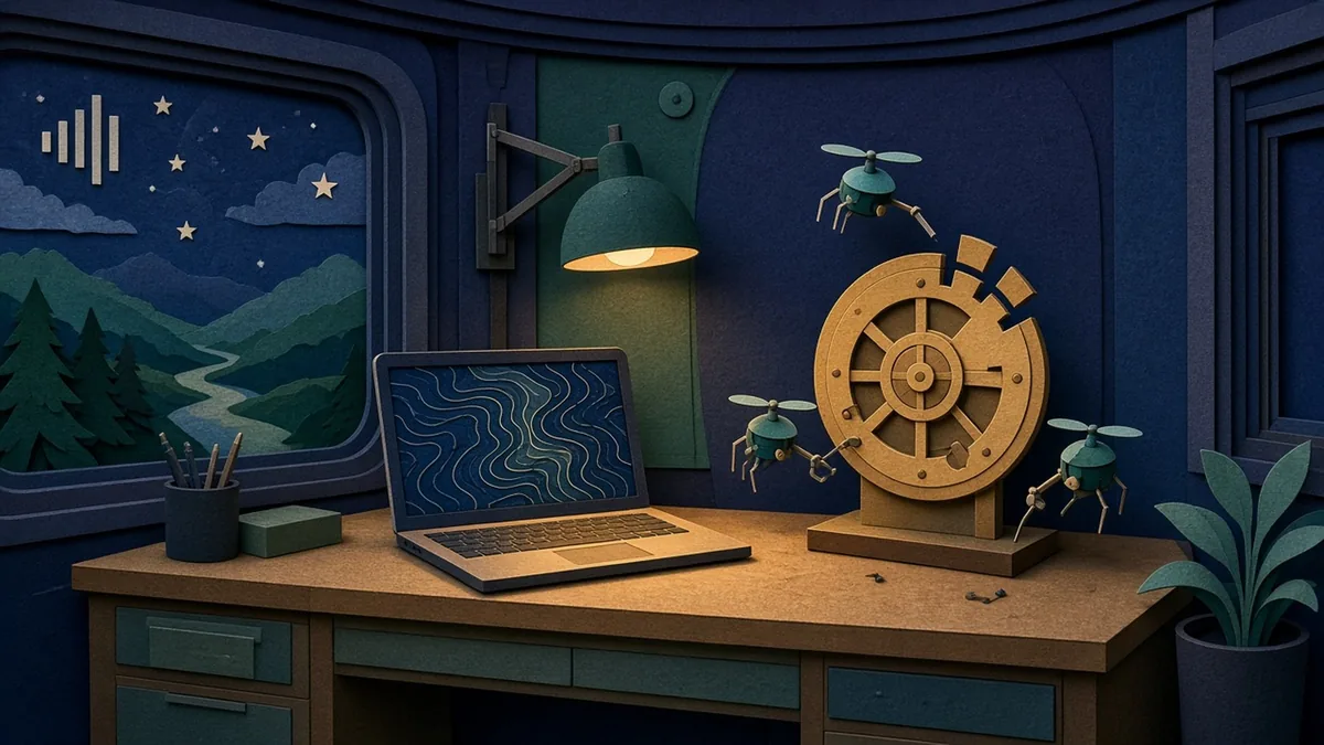 A flat paper-cutout illustration of a night train carriage control room where a laptop keeps working offline beside a brass security dial tended by small helper drones