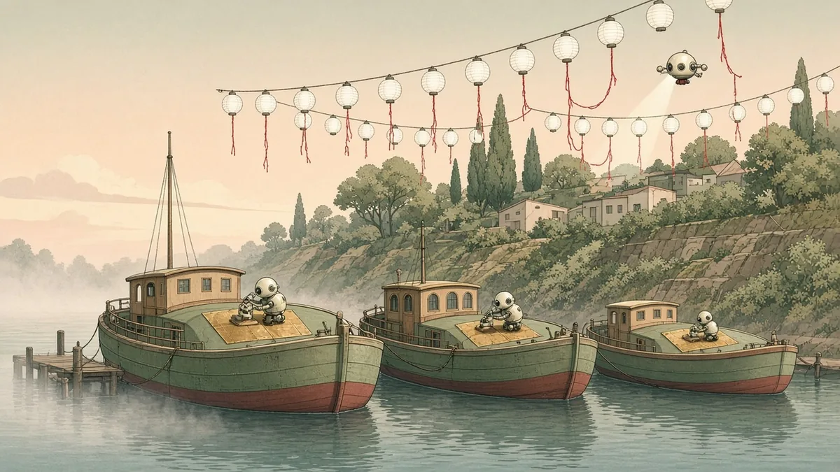 A flat editorial illustration of a dawn boatyard where small robots patch three barges while a tiny drone traces glowing threads linking a few paper lanterns on a hillside