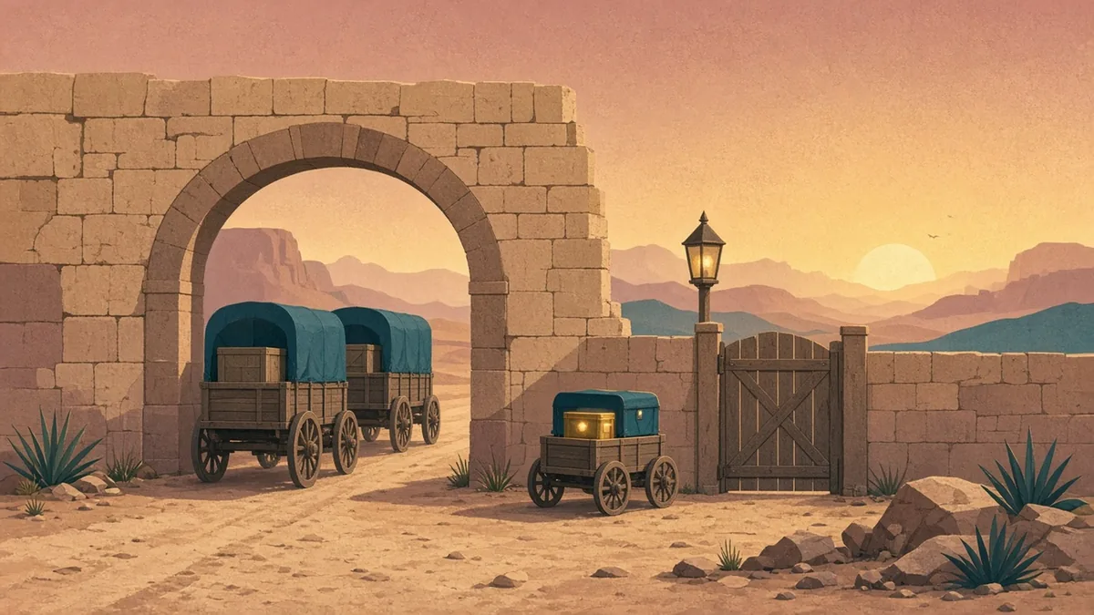 A flat editorial illustration of a desert caravan station at golden hour where two wagons leave through a sandstone arch while a smaller wagon with a glowing crate waits at a closed gate under a signal lamp
