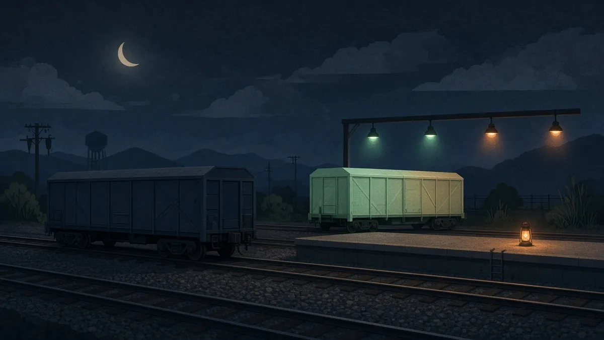 A flat editorial illustration of a night railway inspection yard where a sealed freight car is moved to a side track while a glowing replacement car waits at a platform under green and amber signal lamps